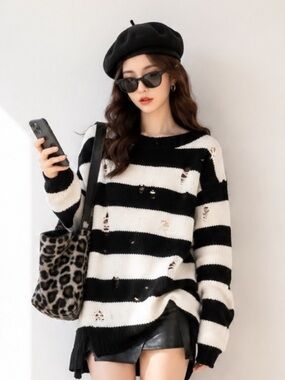Women’s Black & White Striped Distressed Knit Sweater